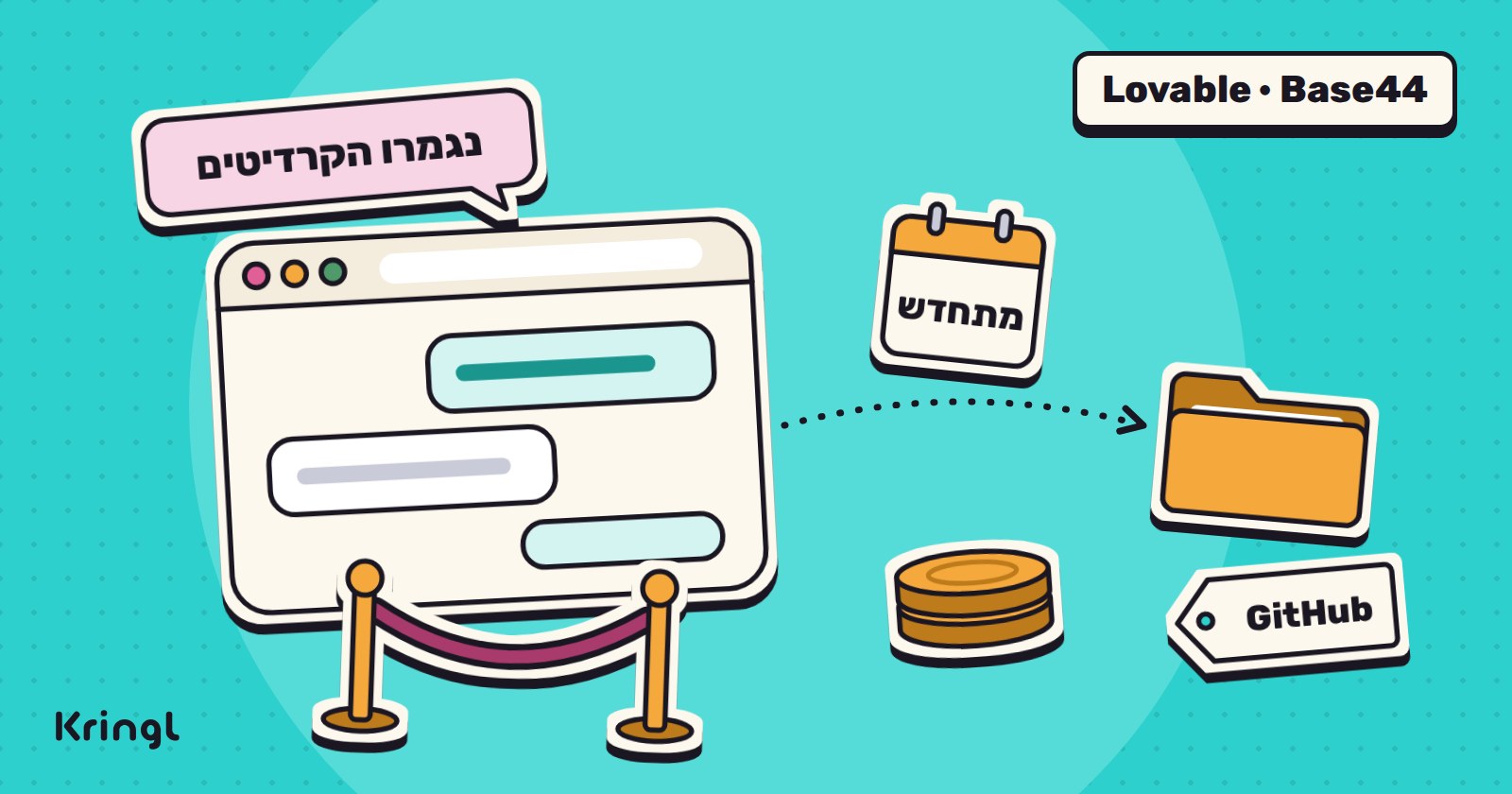 איור: חלון שיחה של כלי בנייה מאחורי חבל חסימה עם בועה "נגמרו הקרדיטים", ומימין לוח שנה "מתחדש", ערימה קטנה של מטבעות וחץ מנוקד לתיקייה עם תווית GitHub.